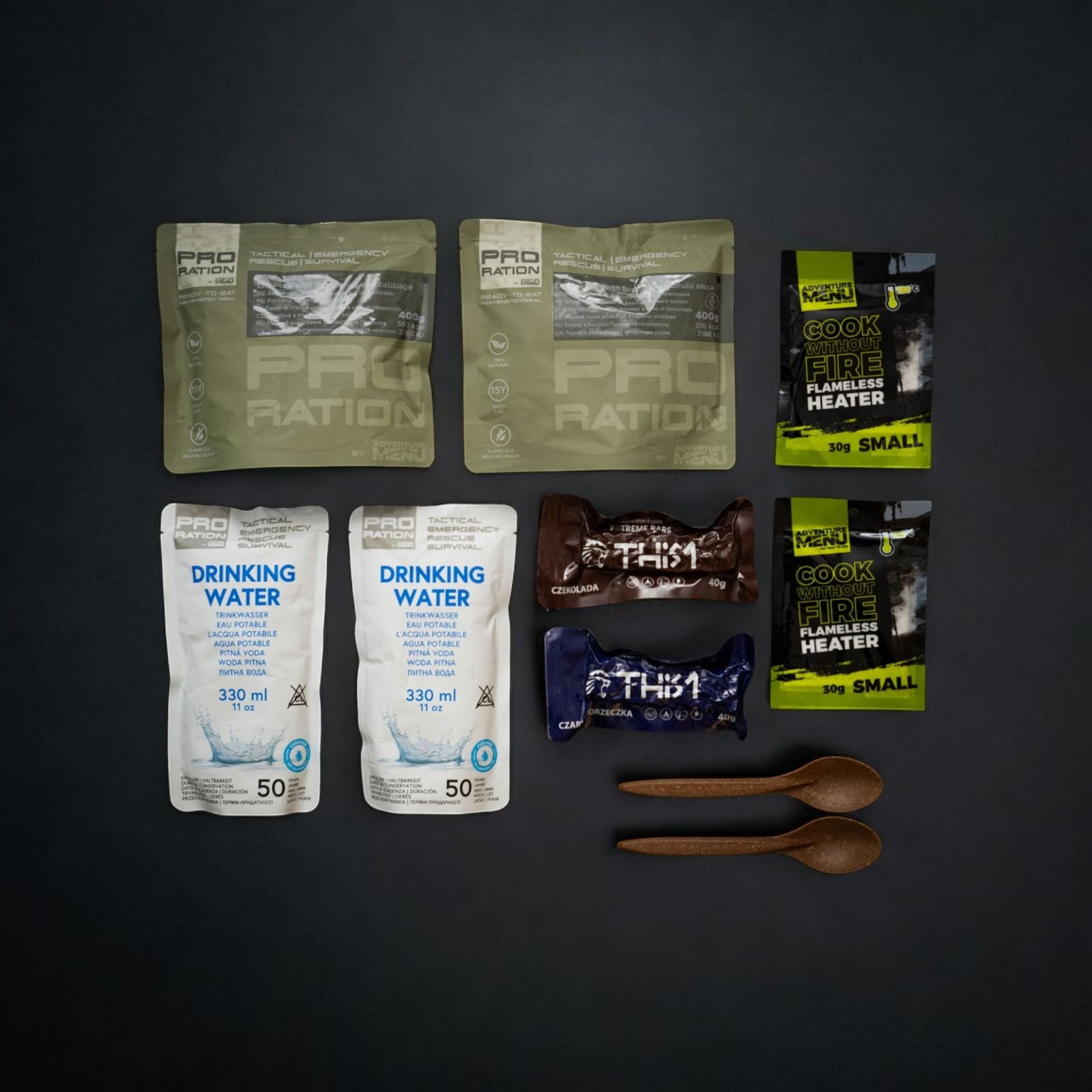 Kit IV – Meniu Porc & Chifteluțe cu Orez, hrană de urgență, 2 mese + apă + încălzire fără flacără, 15 ani valabilitate