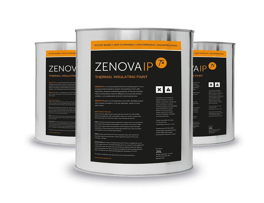 Three white metal paint cans of ZENOVA IP Thermal Insulating Paint arranged in a fan shape against a solid green background.
