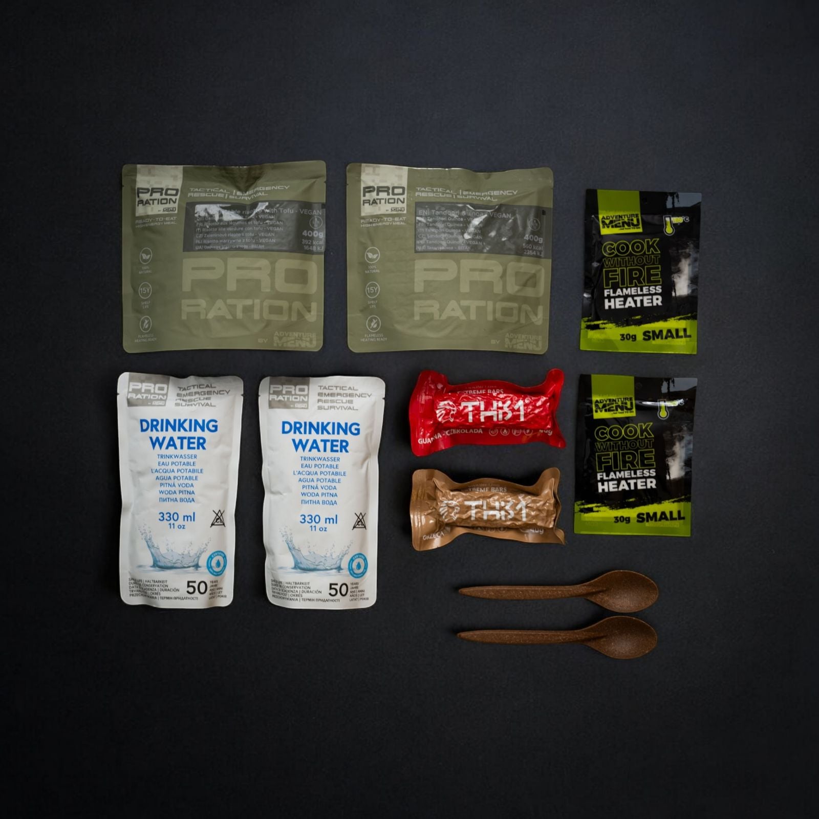 Kit Vegetarian –Meniu Quinoa & Tofu, hrană de urgență, 2 mese + apă + încălzire fără flacără, 15 ani valabilitate