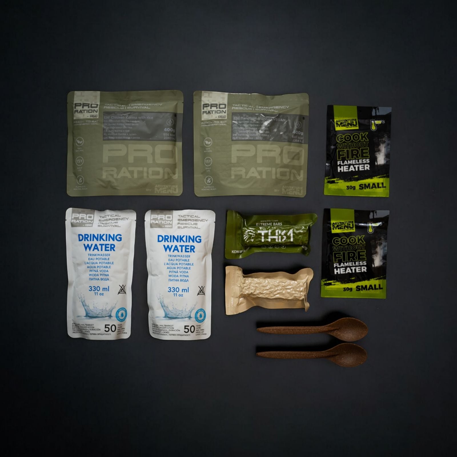 Kit V – Meniu Pui Korma & Quinoa, hrană de urgență, 2 mese + apă + încălzire fără flacără, 15 ani valabilitate